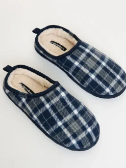 Bleu - Chaussons mules doublés de fausse fourrure Threadbare à carreaux