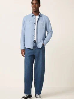 Bleu - Chemise à manches longues texturée à deux poches Coupe classique