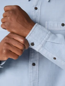 Bleu - Chemise à manches longues texturée à deux poches Coupe classique