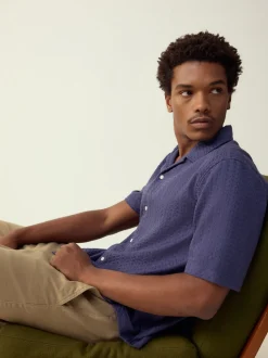 Bleu - Chemise Coupe classique gaufrée texturée à manches courtes