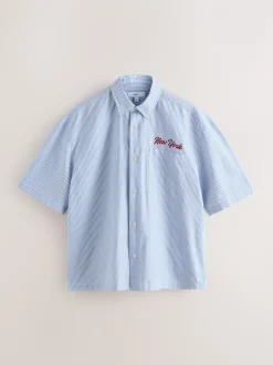 Bleu - Chemise New York brodée à rayures à manches courtes