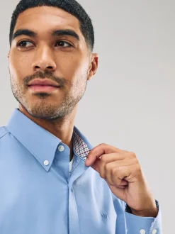 Bleu - Chemise Oxford stretch à manches longues