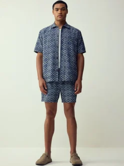 Bleu - Chemise texturée à manches courtes style Navajo