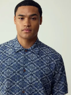 Bleu - Chemise texturée à manches courtes style Navajo