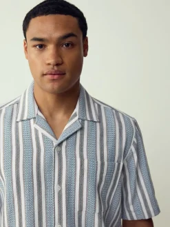 Bleu - Chemise texturée rayée à manches courtes