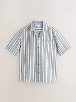 Bleu - Chemise texturée rayée à manches courtes