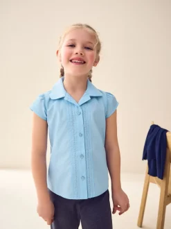 Bleu - Chemisier scolaire à manches bouffantes et bordures en dentelle (3-14ans)