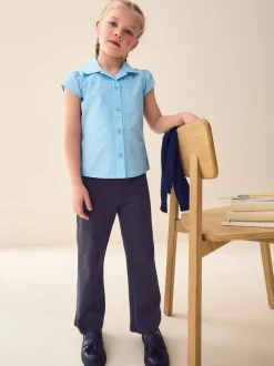 Bleu - Chemisier scolaire à manches bouffantes et bordures en dentelle (3-14ans)