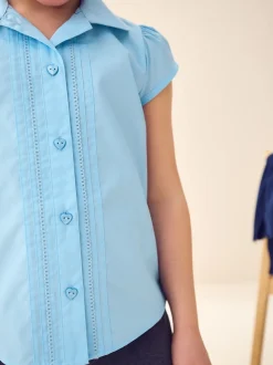 Bleu - Chemisier scolaire à manches bouffantes et bordures en dentelle (3-14ans)