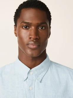 Bleu - Col Classique - Chemise à manches courtes en lin et coton mélangés