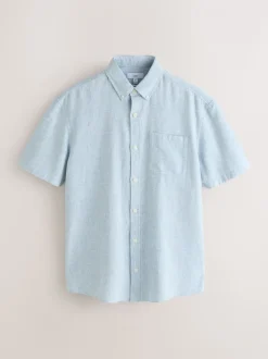Bleu - Col Classique - Chemise à manches courtes en lin et coton mélangés