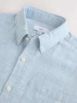 Bleu - Col Classique - Chemise à manches courtes en lin et coton mélangés