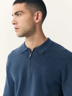 Bleu - Col zippé - Polo N.premium en maille à manches longues haut de gamme à manches longues