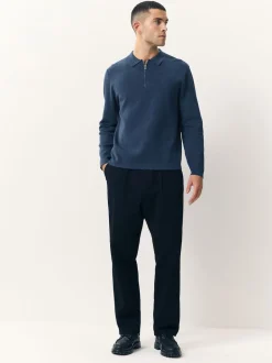 Bleu - Col zippé - Polo N.premium en maille à manches longues haut de gamme à manches longues