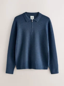 Bleu - Col zippé - Polo N.premium en maille à manches longues haut de gamme à manches longues