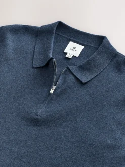 Bleu - Col zippé - Polo N.premium en maille à manches longues haut de gamme à manches longues