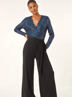 Bleu - Combinaison Roman Sequin Wrap Col en V extensible