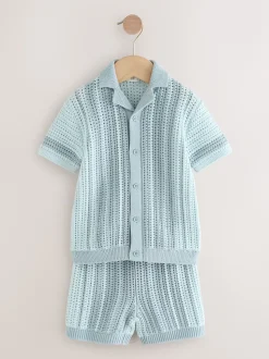 Bleu - Ensemble Chemises et shorts Manches courtes en tricot crocheté (3mths-10yrs)