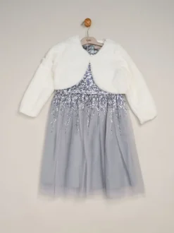 Bleu - Ensemble robe Miss Waterfall à sequins et boléro en fausse fourrure