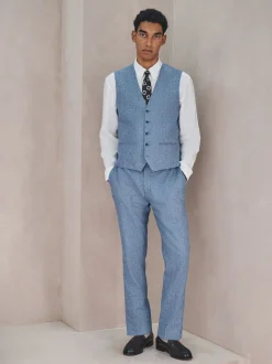 Bleu - Gilet de costume en lin Blend texturé