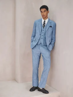 Bleu - Gilet de costume en lin Blend texturé