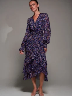 Bleu - Jolie Moi Robe longue en maille à volants et manches longues