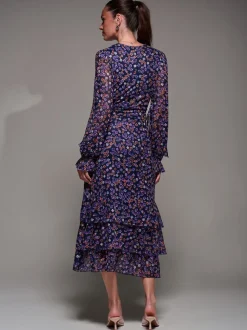 Bleu - Jolie Moi Robe longue en maille à volants et manches longues