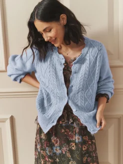Bleu - Laura Ashley Cardigan boutonné pointelle et festoncles avec une touche de laine