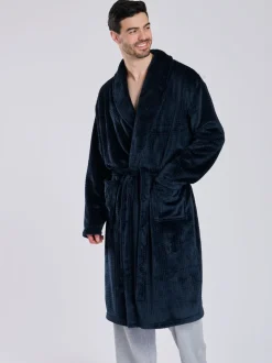 Bleu - Loungeable Robe de chambre à col châle en polaire coupe Gaufré