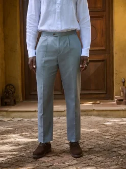 Bleu - Pantalon élégant en mélange de coton avec pattes d'ajustement sur le côté, lin et lyocell