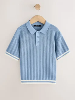 Bleu - Polo en maille à col boutonné (3-16ans)