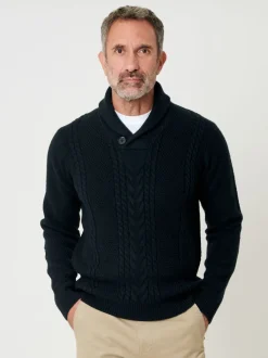 Bleu - Pull à col châle en maille torsade Saltwell