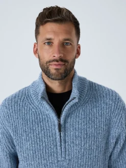 Bleu - Pull Coupe classique texturé en maille à col zippé avec laine