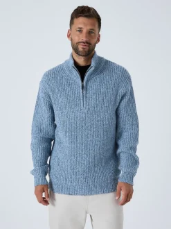 Bleu - Pull Coupe classique texturé en maille à col zippé avec laine