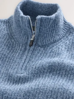 Bleu - Pull Coupe classique texturé en maille à col zippé avec laine