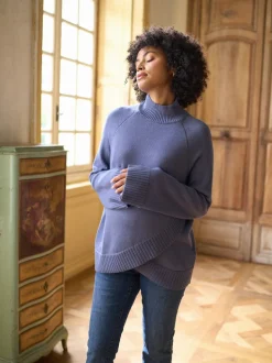 Bleu - Pull de grossesse et d’allaitement Seraphine à col roulé en cachemire mélangé haut de gamme
