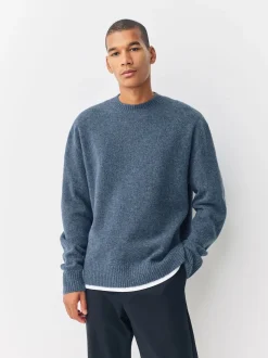 Bleu - Pull douillet à col rond coupe décontractée en laine