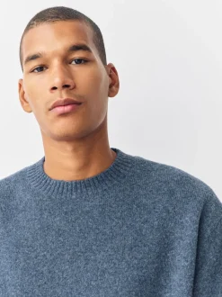 Bleu - Pull douillet à col rond coupe décontractée en laine