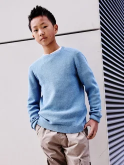 Bleu - Pull en maille col rond en coton (3-16ans)