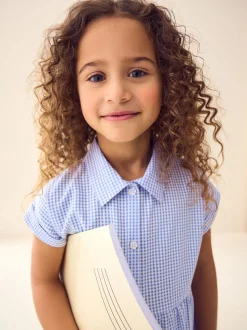 Bleu - Robe chemise à col chemise à volants vichy Cotton Rich School (3-14ans)