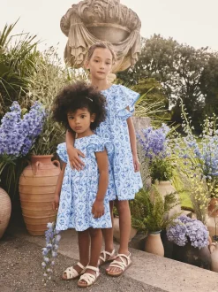 Bleu - Robe Fleuri manches ange (3-16ans)