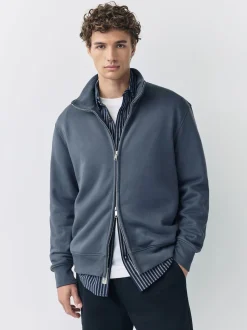 Bleu - Sweat à col cheminée zippé en jersey riche en coton