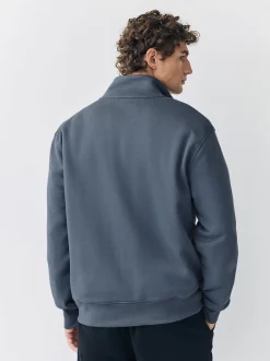 Bleu - Sweat à col cheminée zippé en jersey riche en coton