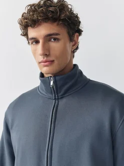 Bleu - Sweat à col cheminée zippé en jersey riche en coton