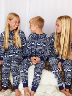 Bleu - The Little Tailor Kids Reindeer Noël Motif Fair Isle 100% Coton Tout-en-un
