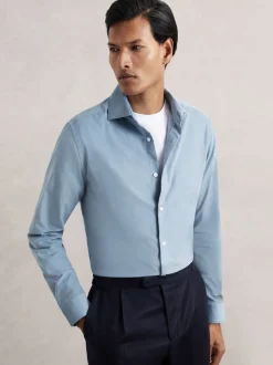 Bleu avio - Chemise à col italien en velours côtelé de coton Reiss Velma