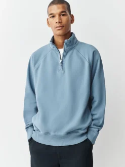 Bleu avio - Sweat-shirt épais délavé à col zippé