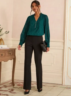 Bleu canard Tissu dévoré - Chemisier Love & Roses zippé à manches longues sur le devant