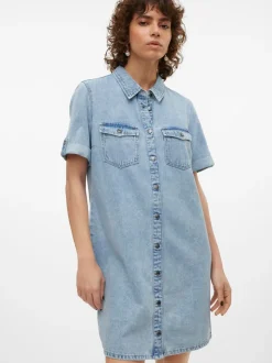 Bleu Chrome - Robe Vero Moda en jean boutonnée à manches courtes