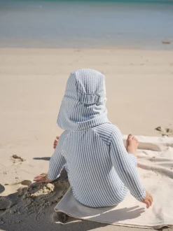 Bleu clair - Ensemble maillot de bain et chapeau anti-soleil rayé (3mois-7ans)